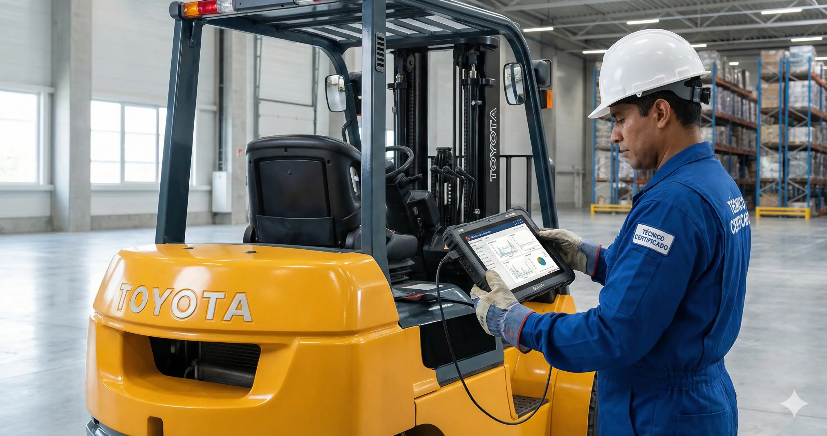 Técnico certificado realizando mantenimiento preventivo a montacargas en almacén industrial